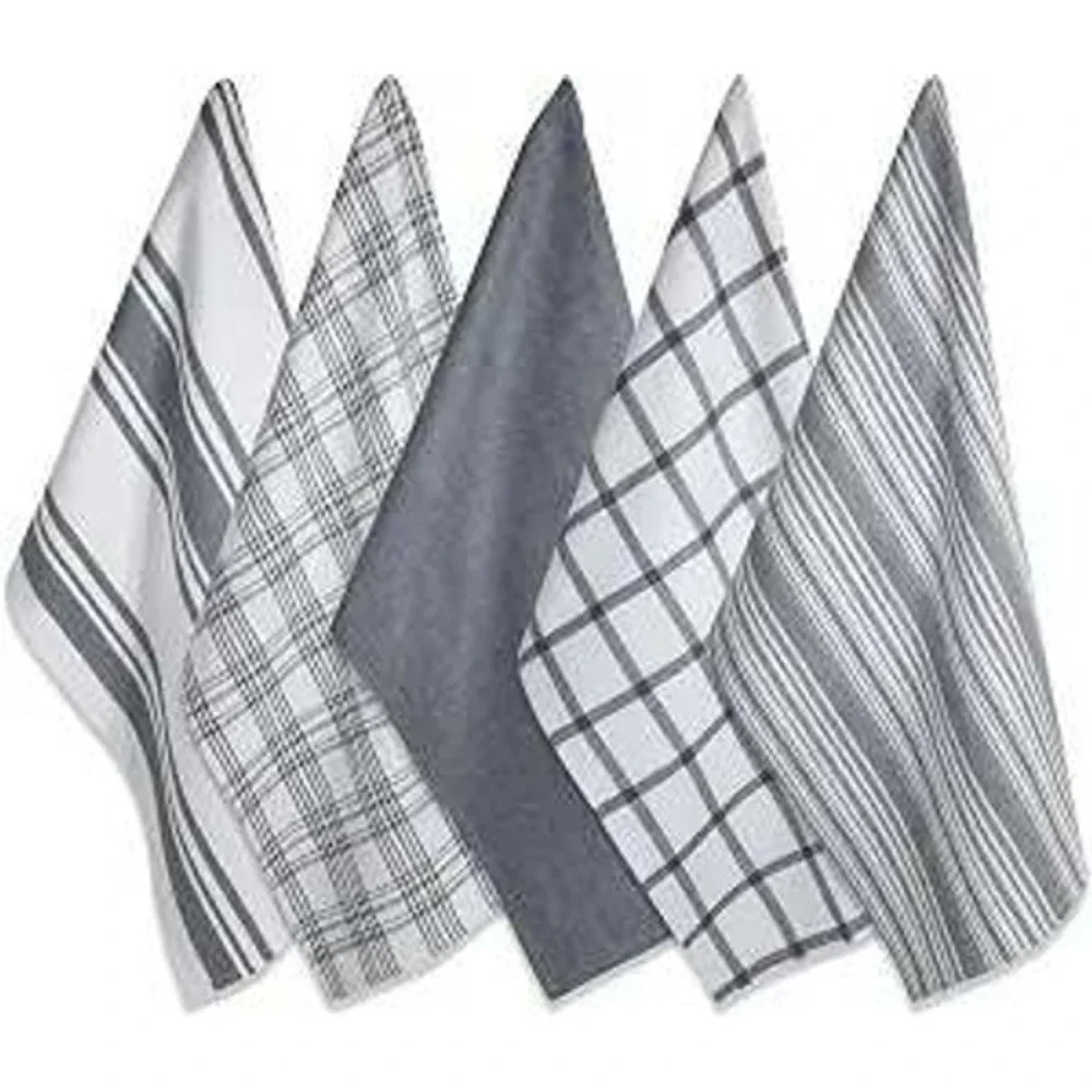DII Woven Dishtowels Set of 5 Gray Plaid Stripe CAMZ36925 New